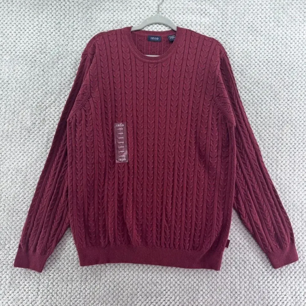 IZOD Sweater Mens L Burgundy Red Cotton Cable Knit Crew Neck Preppy Casual
